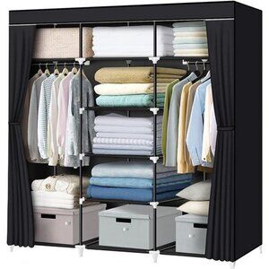55.5" Wardrobe Closet for Hanging Clothes with 2 Hanging Rods & 9 Shelves, Black
